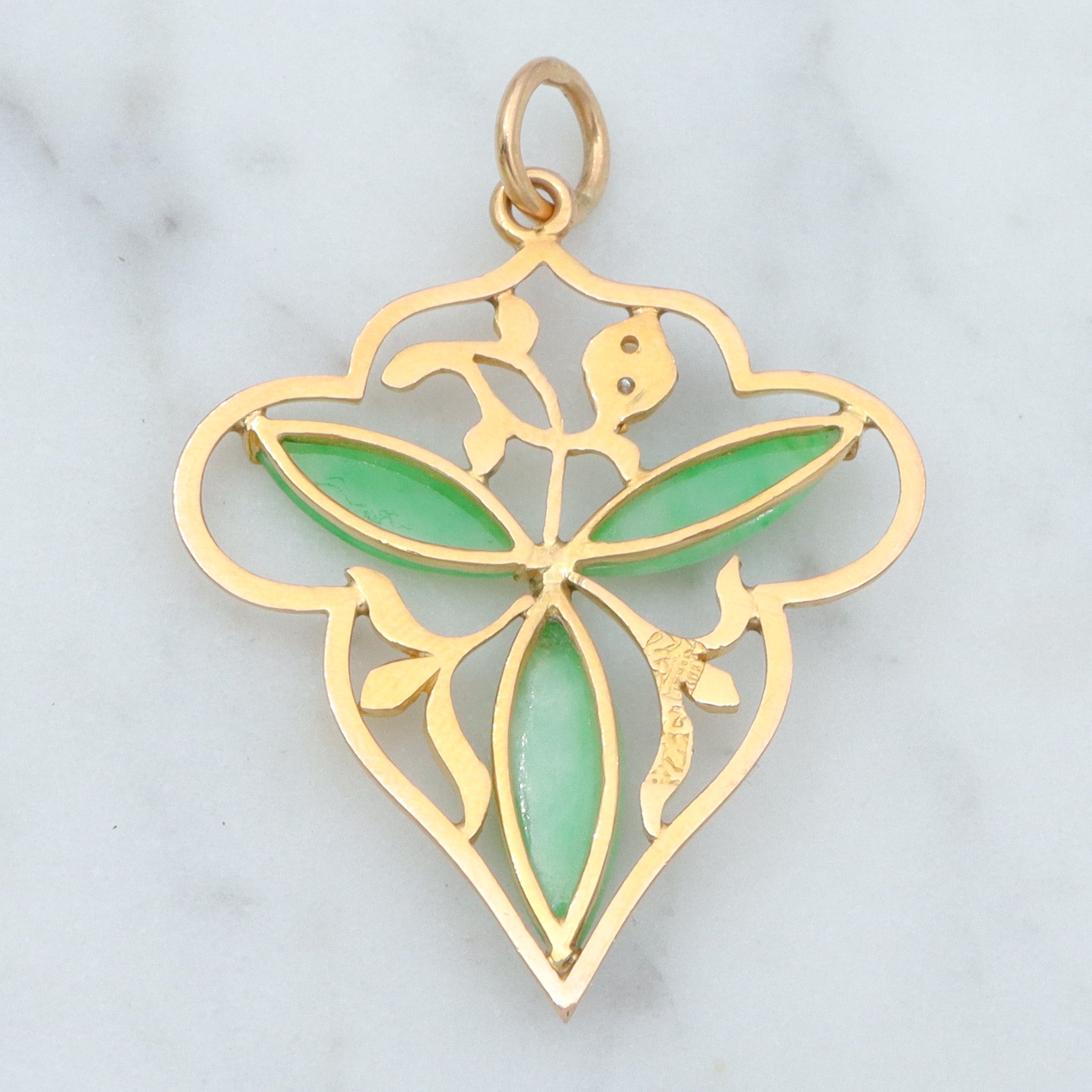 Antique Art Nouveau 14k gold jade & pearl foliate pendant